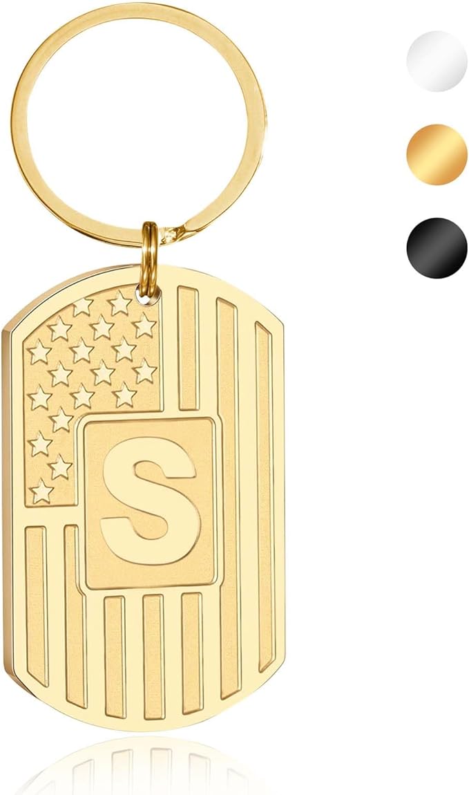 Valentines Day Gifts for Him -Initial Keychain Gifts for Men,A-Z Letter American Flag KeyChain for Men