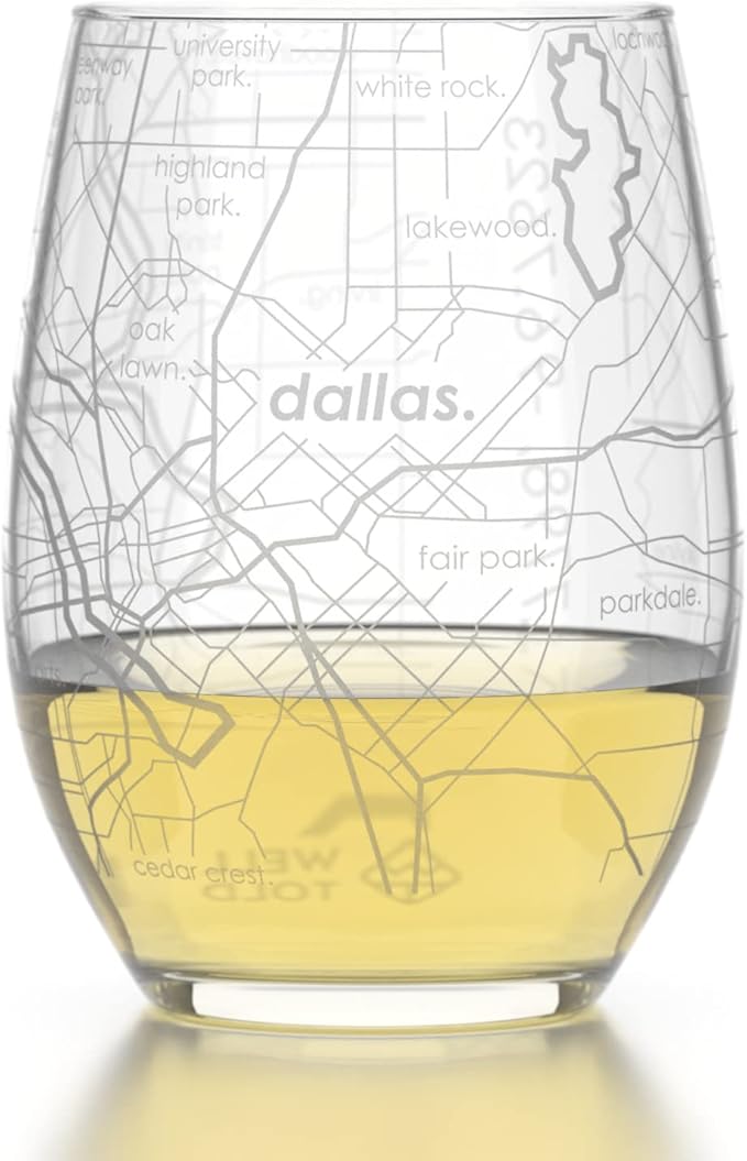 Well Told Engraved Dallas Texas Map Stemless Wine Glass, Etched Glass (15 oz, Clear) City Custom Gifts for Lovers