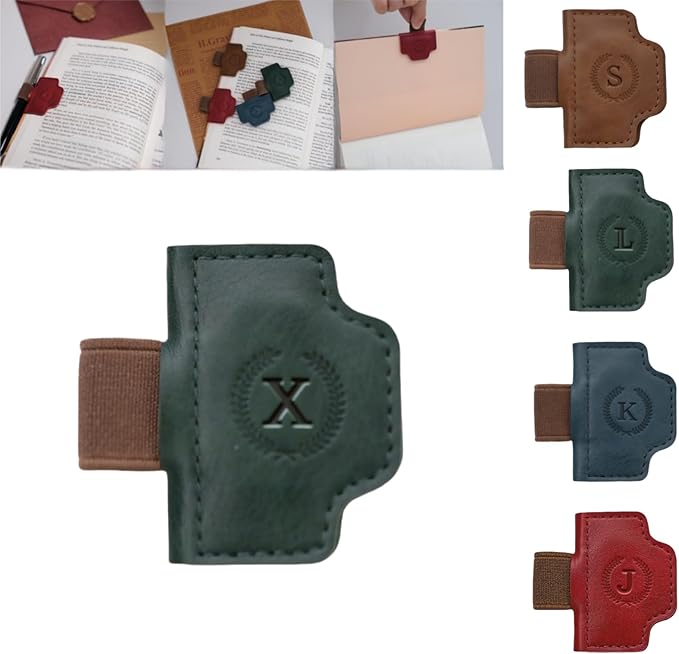 Personalized Magnetic Bygone Mark Bookmark with Pen Holder, 26 Letters Name Initial Custom Leather Book Mark for Women, Gifts for Book Lovers and Readers (Green,X)
