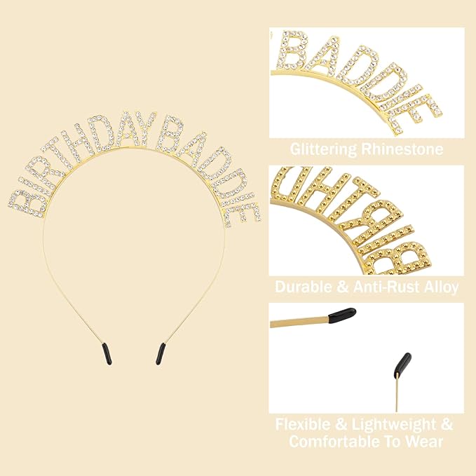 Canitor Birthday Baddie Sash Crown Set Birthday Gifts Party Favors Supplies Decorations & Accessories for Women Girl Adult Outfits Rhinestone Tiara Headband Soft Satin Sash