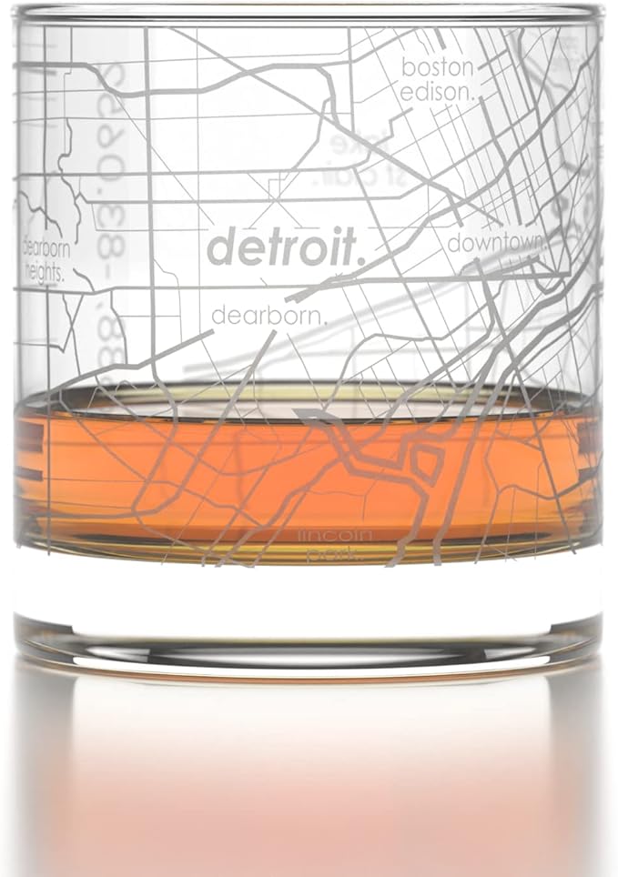 Well Told Engraved Detroit Michigan Map Rocks Glass, Old Fashioned Whiskey Glass (11 oz, Clear) Etched Whiskey Glass, Gifts For Whiskey Lovers