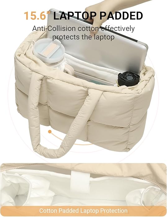 Herald Puffer Tote Bag for Women, Large Quilted Puffy Handbag Lightweight Satchel Purse with Cup Holder & Compartment