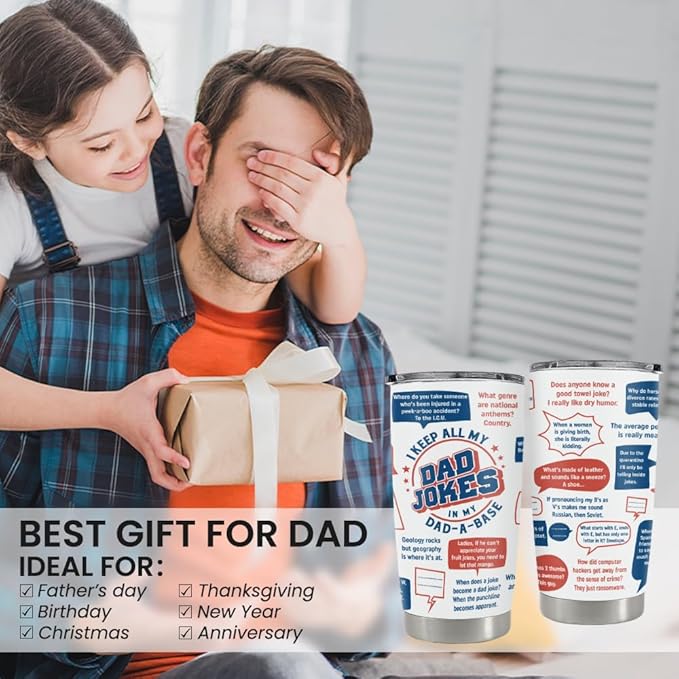 SANDJEST Dad Jokes Insulated Tumbler with Lid - 20oz Stainless Steel Mug for Father - Funny Coffee Cup for Travel Sport Office, Gift for Birthday Father’s Day