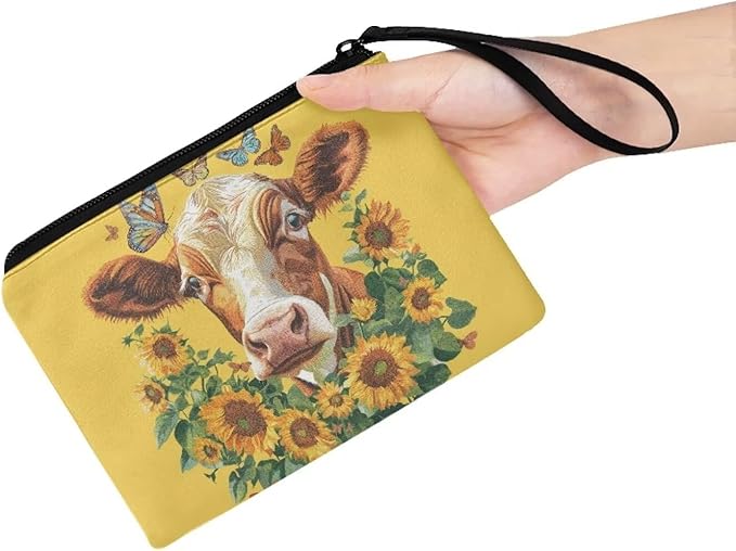 Dolyues Cow and Sunflower Coin Wallet Small Purse Womens Travel Wallets Small Coin Purse Change Pouch Bag Wristlet Strap Design Handbag Soft