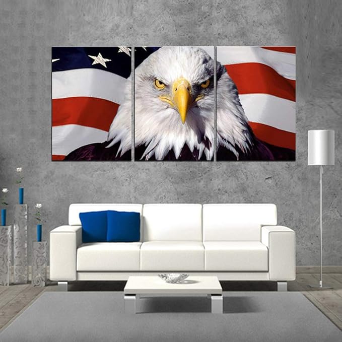 Native America Flags Paintings Bald Eagle Head Pictures for Living Room Patriotism Artwork 3 Piece Canvas Prints Wall Art Modern House Decorations Framed Gallery-Wrapped Ready to Hang(60''Wx28''H)