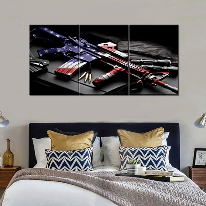 Wall Art for Living Room Handgun and American Flag Composite Paintings Black Prints Pictures on Canvas Premium Quality Artwork Giclee Modern House Decor Framed Stretched Ready to Hang(60''Wx28''H)