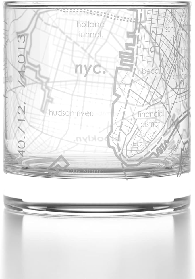 Well Told Engraved New York City Map Rocks Glass, Old Fashioned Whiskey Glass (11 oz, Clear) Etched Whiskey Glass, Gifts For Whiskey Lovers