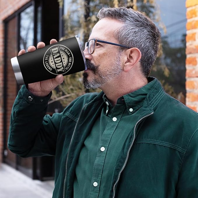 SANDJEST Daddy The Man The Myth The Legend Tumbler with Lid - 20oz Insulated Stainless Steel Mug - Coffee Mug for Sport Office Travel