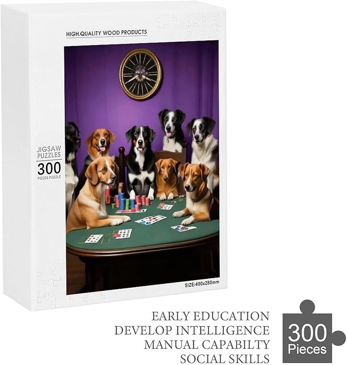 Wooden Puzzle - Dogs Playing Poker Jigsaw Puzzles，Wooden Puzzles for Adults 300 Pieces Challenge Puzzles，Educational Games，Family Puzzles，Unique Gifts for Wall Art