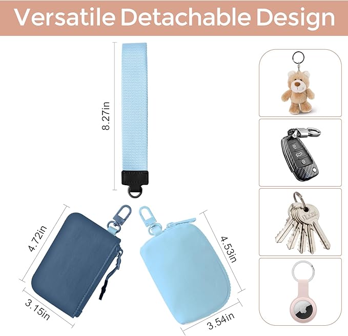 Dual Pouch Wristlet Keychain Wallets for Women with 2 Detachable Zipper Coin Purse - Small and Portable Mini Card Wallet for Women Men Navy+Sky Blue