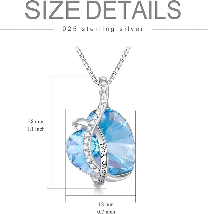 AOBOCO I Love You Sterling Silver 12 Birthstone Heart Pendant Necklace Embellished with Crystals from Austria, Mother's Day Anniversary Birthday Jewelry Christmas Gifts for Women Grandma Nana