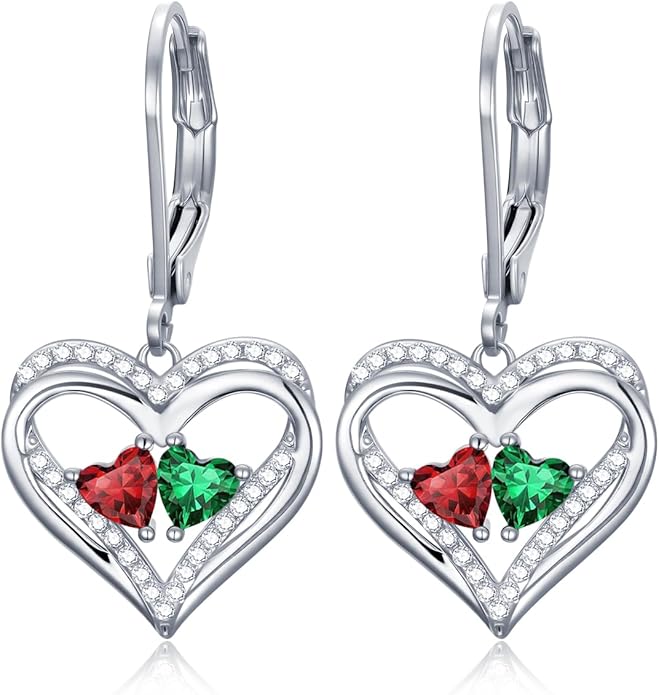 Heart Leverback Earrings Double Birthstone Dangle Earrings for Women, Love Jewelry for Her, Christmas Gifts for Women, Anniversary Birthday Gift for Mom Wife Girlfriend