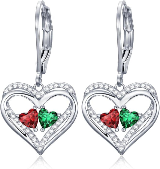 Heart Leverback Earrings Double Birthstone Dangle Earrings for Women, Love Jewelry for Her, Christmas Gifts for Women, Anniversary Birthday Gift for Mom Wife Girlfriend