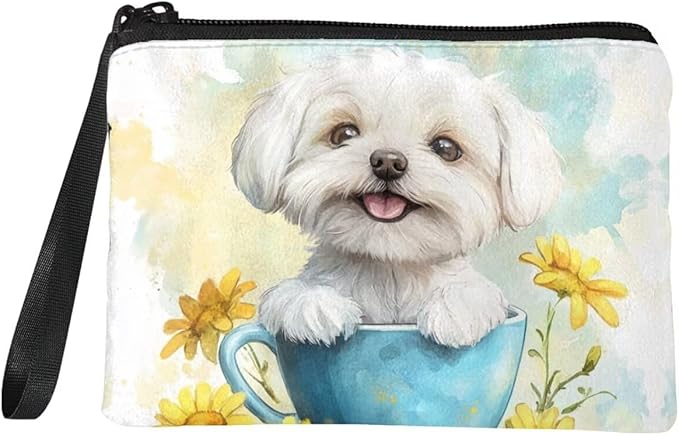 Dolyues White Dog Coin Wallet for Women Cute Money Pouch for Kids with Zipper and Wristlet Dog Coin Pouch Small Change Pouch for Shopping Party