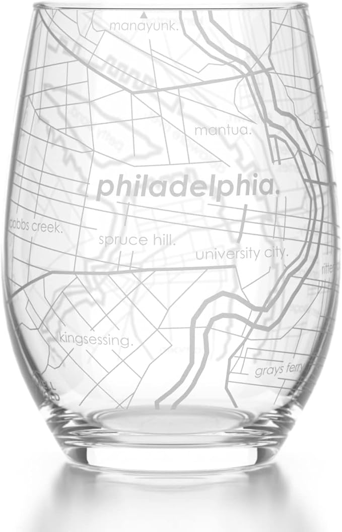 Well Told Engraved Philadelphia Pennsylvania Map Stemless Wine Glass, Etched Glass (15 oz, Clear) City Custom Gifts for Lovers