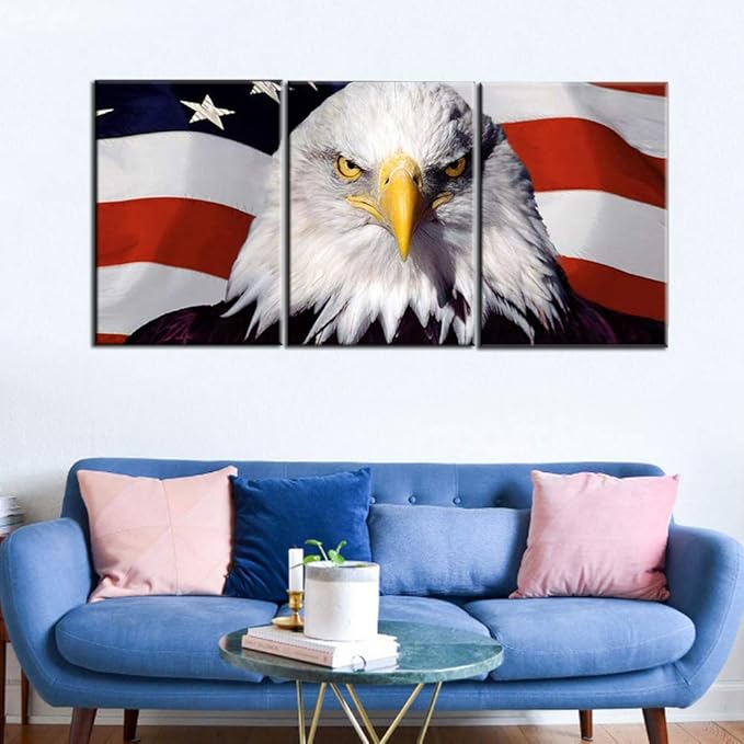 American Flag Wall Decor White Red Stripes Wall Art for Bedroom Canvas Prints Paintings Patriotic Artwork Bald Eagle Pictures Wooden House Decor Giclee Framed Stretched Ready to Hang(48''Wx24''H)