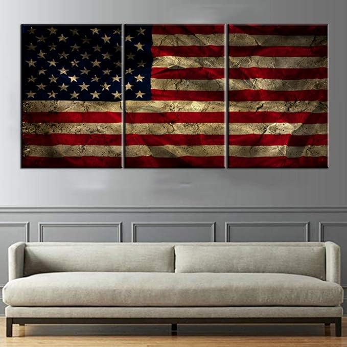 Native American Wall Art Folds Creases Retro Paintings 3 Piece Canvas Grunge Pictures for Living Room Patriotism Artwork Modern Home Decor Wooden Framed Ready to Hang Posters and Prints(42''Wx20''H)