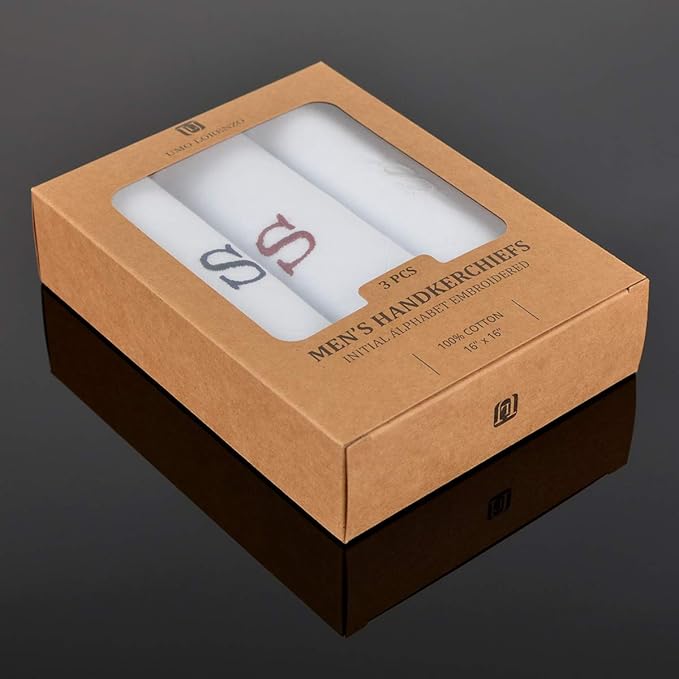 Initial Handkerchief for Men, Monogrammed Boxed 3 Piece Set,100% Cotton