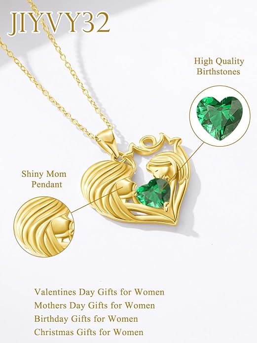Mother and Daughter/Son Love Heart Necklace White Gold/14K Gold/Rose Gold Birthstone Jewelry Christmas Mothers Day Birthday Gifts For Mom Wife Grandma Women