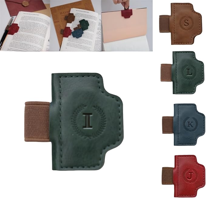 Personalized Magnetic Bygone Mark Bookmark with Pen Holder, 26 Letters Name Initial Custom Leather Book Mark for Women, Gifts for Book Lovers and Readers (Green,I)