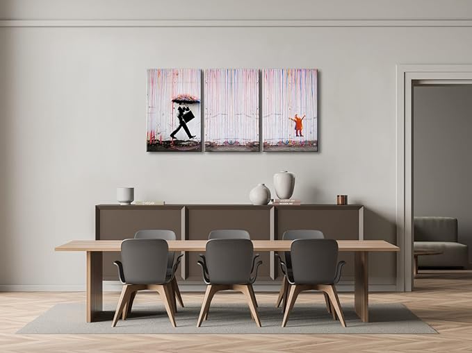 Wieco Art 3 Piece Banksy Famous Canvas Paintings Wall Art Raining day Modern Large Inspirational Grey Love Pictures Print Artwork for Dining Room Kitchen Home Office Decor