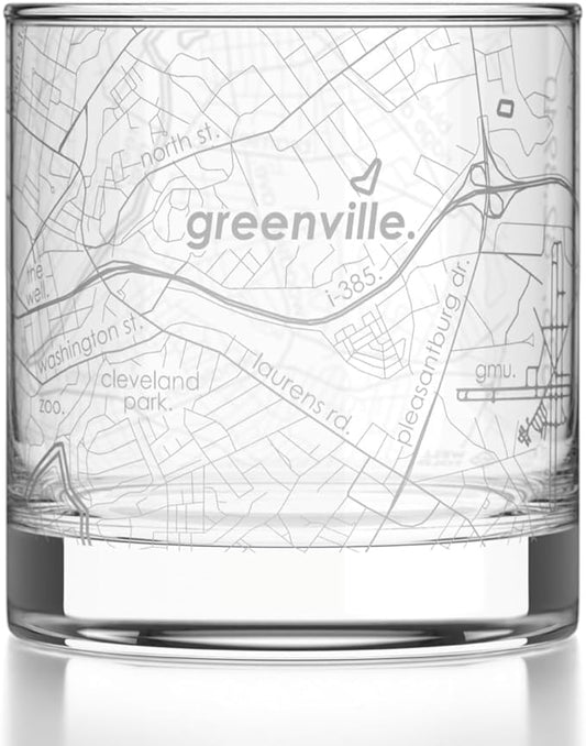 Well Told Engraved Greenville South Carolina Map Rocks Glass, Old Fashioned Glassware (11 oz, Clear) Etched Bourbon Tumbler, Gifts For Whiskey Lovers