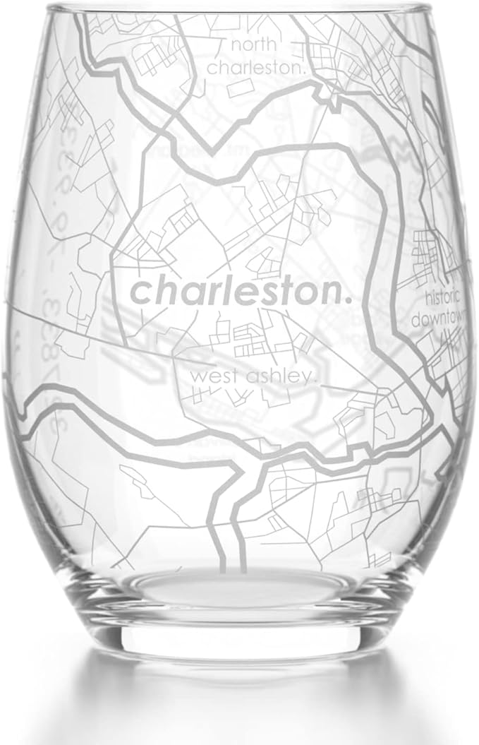 Well Told Engraved Charleston South Carolina Map Stemless Wine Glass, Etched Glassware (15 oz, Clear) City Map Gift, Custom Barware, Gifts for Wine Lovers