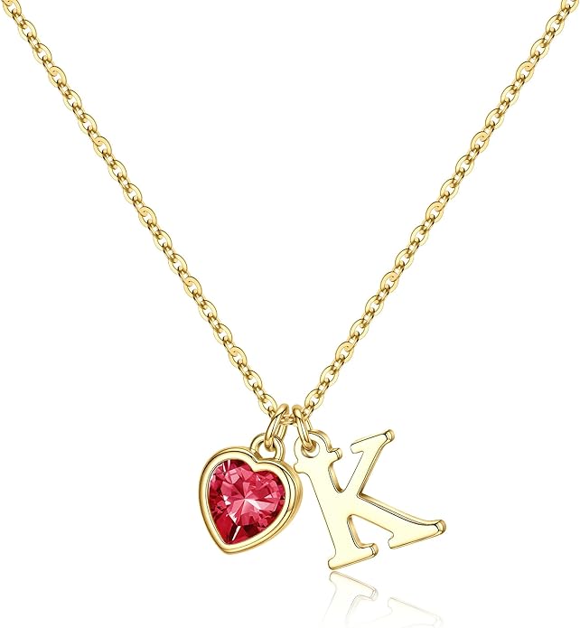 Turandoss Valentines Day Gifts for Her Trendy, Dainty 14K Gold Plated Initial A-Z Heart Birthstone Pendant Necklace Personalized Bridesmaid Birthday Valentines Jewelry Gifts for Women Girls