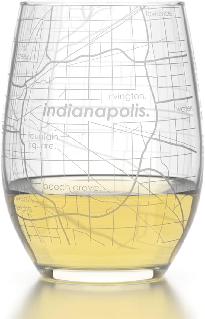 Well Told Engraved Indianapolis Indiana Map Stemless Wine Glass, Etched Glass (15 oz, Clear) City Custom Gifts for Lovers