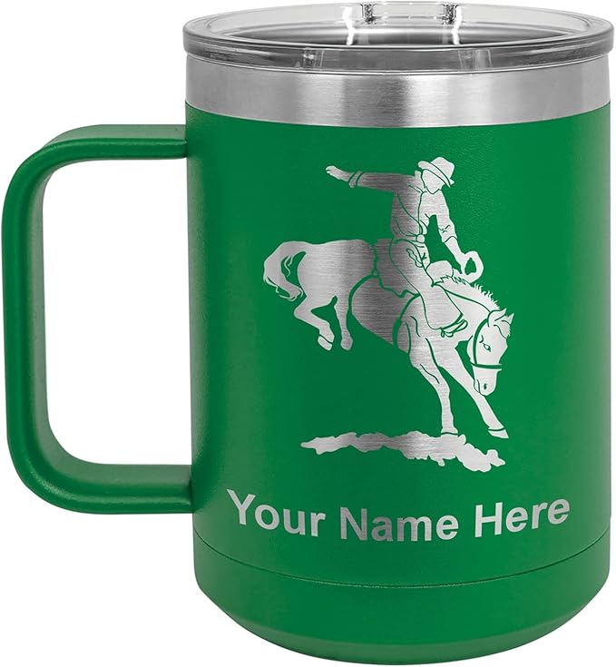 LaserGram 15oz Vacuum Insulated Coffee Mug, Bronco Rider, Personalized Engraving Included (Green)