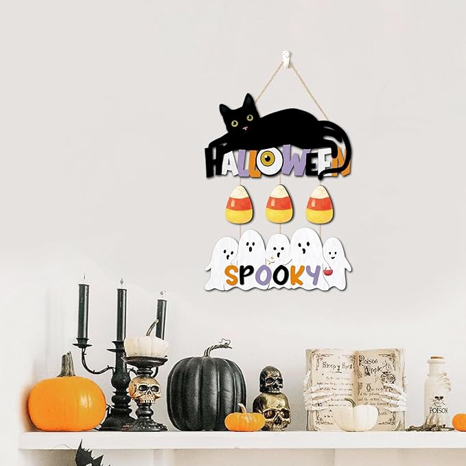 CHDITB Halloween Black Cat Wooden Sign, Spooky Ghosts Wooden Hanging Plaque, Festive Halloween Front Door Sign, Halloween Wall Art Hanger for Thanksgiving Halloween Party Decoration