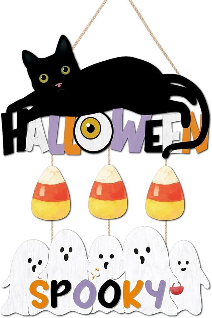 CHDITB Halloween Black Cat Wooden Sign, Spooky Ghosts Wooden Hanging Plaque, Festive Halloween Front Door Sign, Halloween Wall Art Hanger for Thanksgiving Halloween Party Decoration