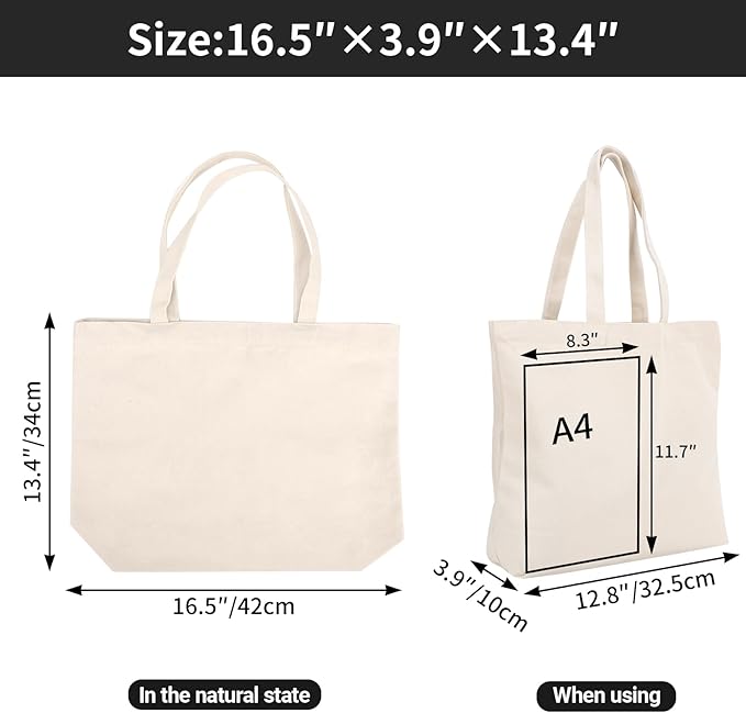 Segarty Canvas Tote Bag with Zipper, 12 Pack 16x13 Reusable Storage Bags for Women, Blank Canvas Tote Aesthetic with Natural Cotton Cloth, Shoulder Strap, Bulk for DIY, Grocery, Beach, Travel，Gift