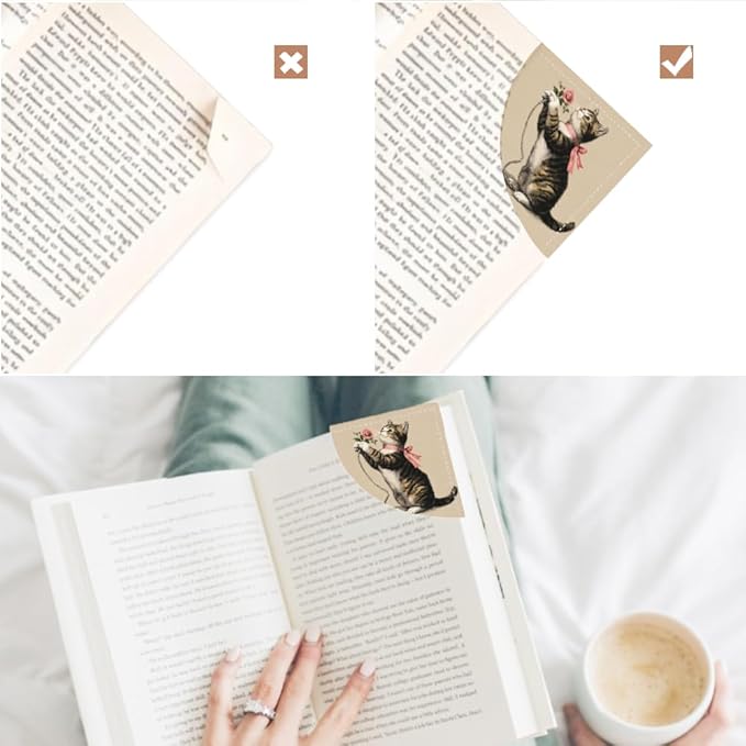 2PCS Leather Bookmarks 3.54 x 3.54 Inch Vintage Tabby Cat with Pink Rose Design Reading Accessories for Books Journals Bibles Travel Diary Students Teachers and Book Lovers Gift