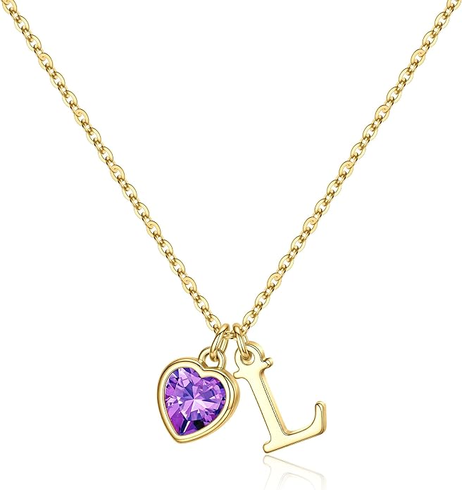 Turandoss Valentines Day Gifts for Her Trendy, Dainty 14K Gold Plated Initial A-Z Heart Birthstone Pendant Necklace Personalized Bridesmaid Birthday Valentines Jewelry Gifts for Women Girls