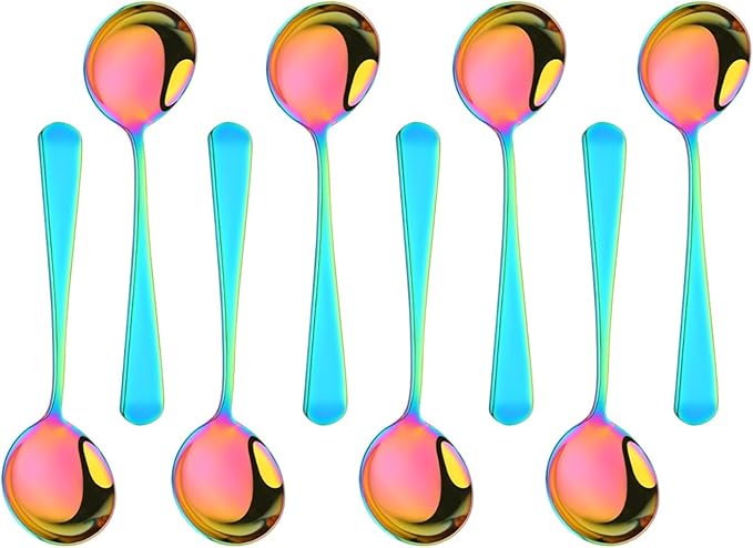 Buyer Star 8 Pieces Stainless Steel Round Soup Spoon, 6.3 Inch Mirror Polished Spoon Cutlery, Dishwasher Safe (Rainbow)