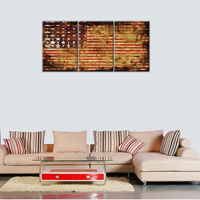 3 Panel Canvas Wall Art Stars Stripes Prints Paintings for Living Room America Flags Grunge Artwork Giclee Patriotism Modern Pictures Home Decoration Framed Gallery-Wrapped Ready to Hang(48''Wx24''H)