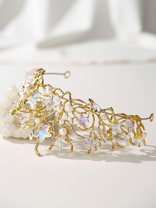 SWEETV Mermaid Tiara for Girls Women, Gold Princess Crown Diadem, Jeweled Headpiece Costume Hair Accessories for Birthday Prom Quinceanera Halloween