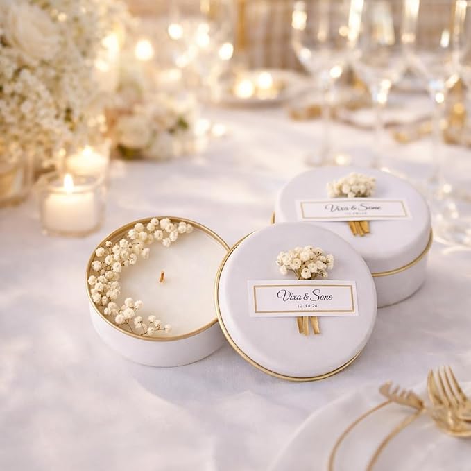 Personalized Natural Soy Wax Wedding Favor Candle Gift Set for Guest - Fall Winter Christmas Custom Dried Flower Bridal Baby Shower Gifts in Bulk (White Flower, 70 Pieces)