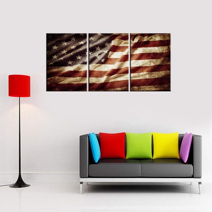 Vintage American Flag Paintings House Decorations Living Room Folds Creases USA Flag Artwork Stars Stripes Pictures 3 Panel Grunge Canvas Wall Art Framed Ready to Hang Posters and Prints(42''Wx20''H)