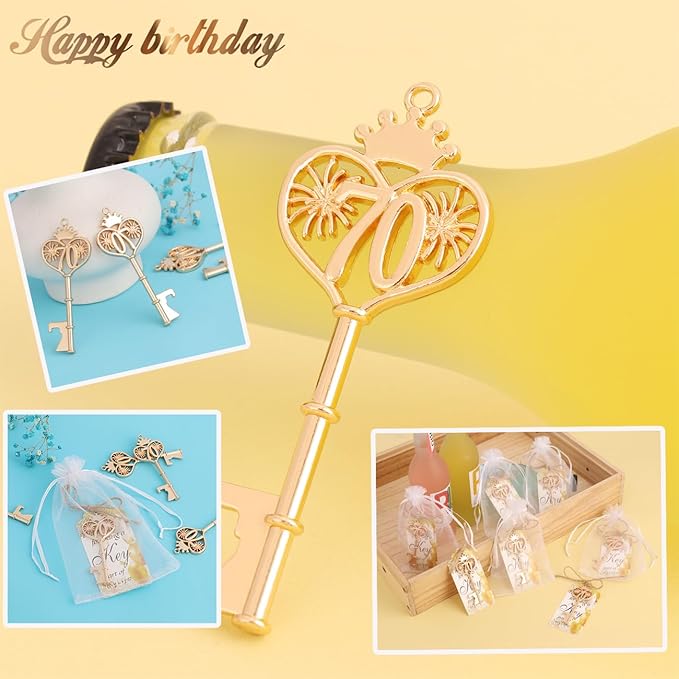 70 Birthday Party Favors Key Bottle Opener, 70th Beer Opener Keychain Favors for Guest with Organza Bags and Tags,Beer Keychain Bottle Openers for Birthday Party Decoration Supplies (gold-70)