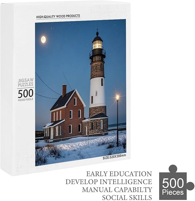 Puzzles for Adults 500 Pieces Wooden Jigsaw Puzzle - Lighthouse Near Building Winter Theme Puzzle，Party Games，Family Toys，Educational Puzzles，Stress Relief Wooden Puzzle，Gifts for Family and Friends