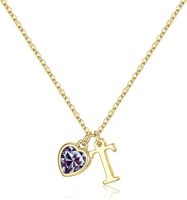 Turandoss Valentines Day Gifts for Her Trendy, Dainty 14K Gold Plated Initial A-Z Heart Birthstone Pendant Necklace Personalized Bridesmaid Birthday Valentines Jewelry Gifts for Women Girls