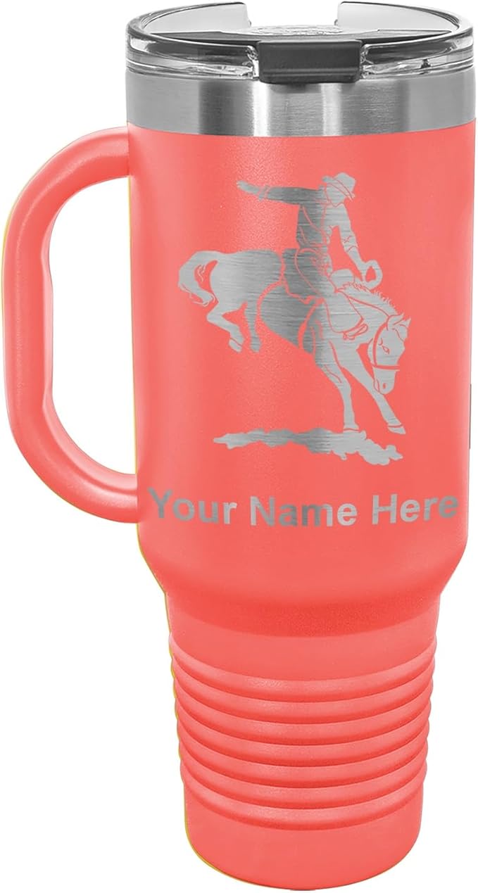LaserGram 40oz Vacuum Insulated Travel Mug with Handle, Bronco Rider, Personalized Engraving Included (Coral)