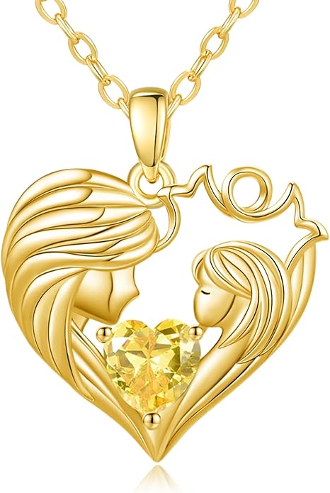 Mother and Daughter/Son Love Heart Necklace White Gold/14K Gold/Rose Gold Birthstone Jewelry Christmas Mothers Day Birthday Gifts For Mom Wife Grandma Women