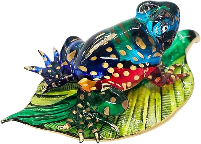 WitnyStore 3" Multicolor Gold Dot Frog on Leaf Artistic Blown Glass Figurine Premium Hand-Blown Statue Tabletop Decoration Unique Collectible for Adult Collectors Handcrafted Elegant Home Room Decor