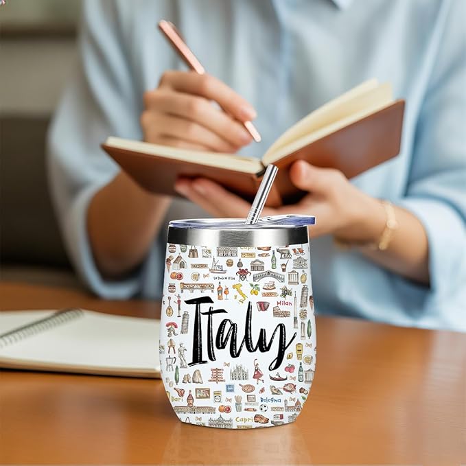 Italy Gifts Italian Travel Souvenir Wine Tumbler 12 oz Insulated Wine Glass Cup with Lid Straw Vacuum Insulated Cup,Travel Lover Gifts for Women Friend Men Christmas Halloween Birthday
