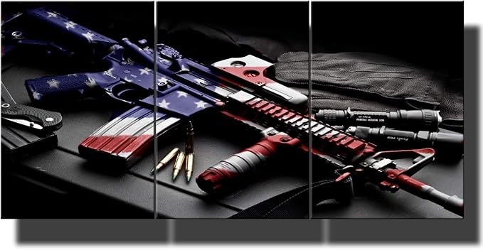 Wall Art for Living Room Handgun and American Flag Composite Paintings Black Prints Pictures on Canvas Premium Quality Artwork Giclee Modern House Decor Framed Stretched Ready to Hang(60''Wx28''H)