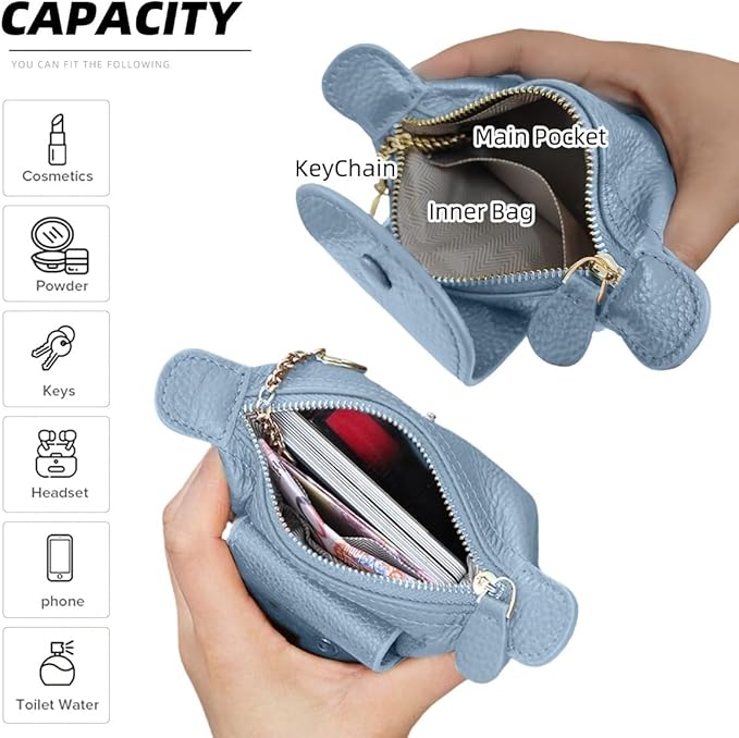 Genuine Leather Wallet Zipper Coin Purse Key Ring Card Organizer Compact Storage for Women (Blue)
