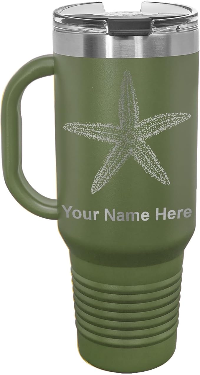 LaserGram 40oz Vacuum Insulated Travel Mug with Handle, Starfish, Personalized Engraving Included (Camo Green)